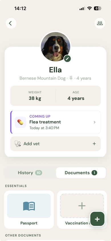 The Documents tab in the Keia app, showing pinned slots for a dog’s passport and vaccination booklet